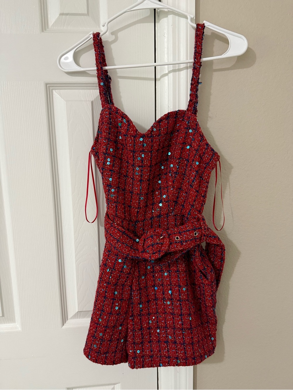 Red Sequin Tweed Romper with Belted Waist